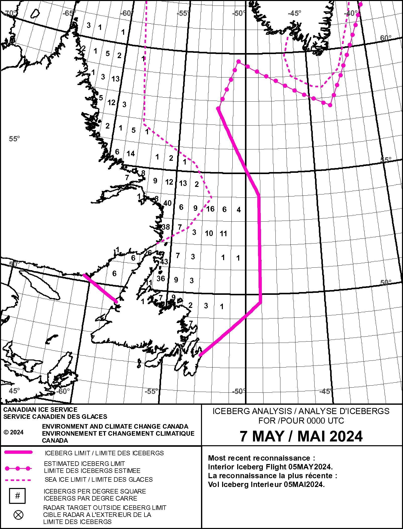 Chart of Newfoundland and Labrador Coasts with Daily Iceberg Analysis
